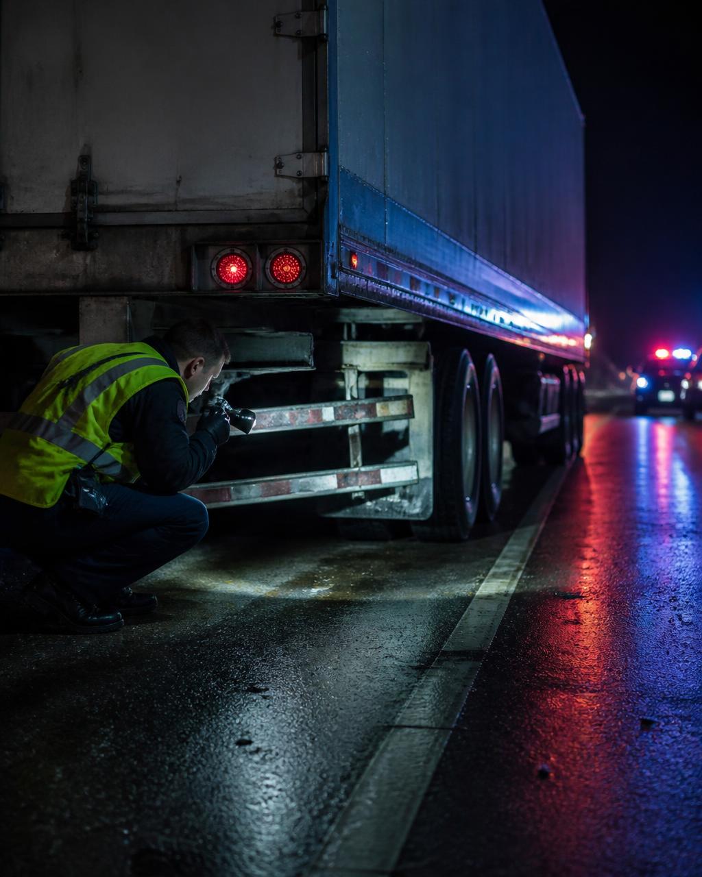 Investigator photographing the rear underride guard of a parked tractor-trailer at night.